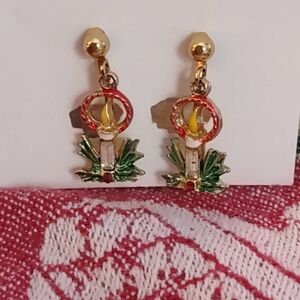 Candlestick on Pine Needles w/ Red Rhinestone Clip-on Earrings